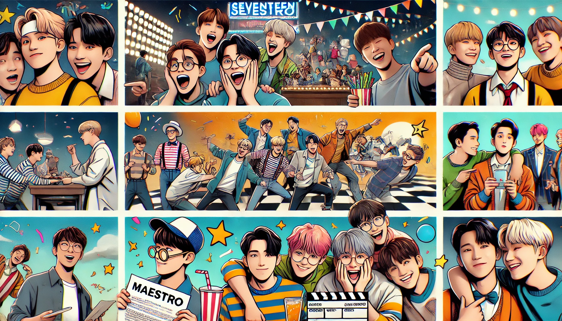 Collage of fun moments from Seventeen's "Maestro" MV, showing members laughing, dancing, and joking with a vibrant, energetic background.