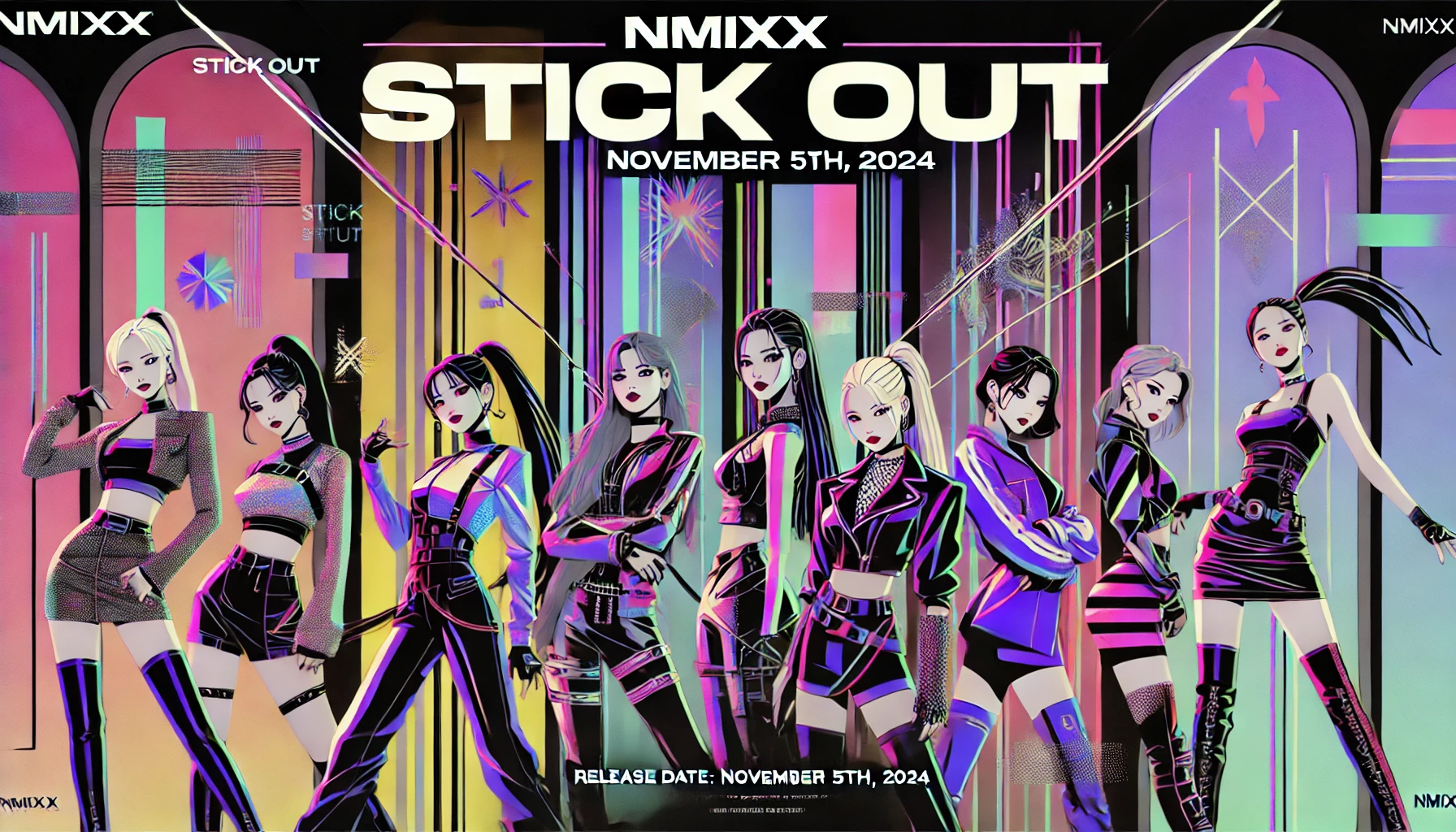 Concept poster for NMIXX's debut MV "Stick Out" with group members in dynamic poses against a neon, futuristic background and bold text announcing the release date.