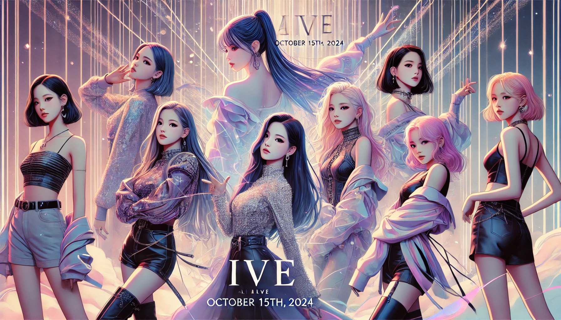 Concept poster for IVE's MV "Alive" featuring female members in artistic poses against a dreamy, futuristic background with ethereal elements and release date text.