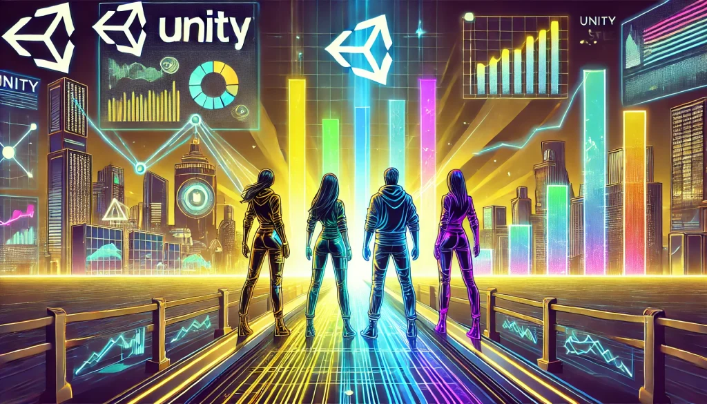 Unity leaders on digital bridge, symbolizing innovation and growth.