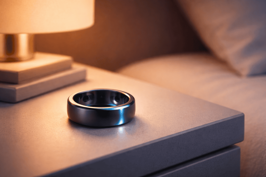 Elegant Oura Ring on bedside table, emphasizing comfort, accuracy, and long battery life.