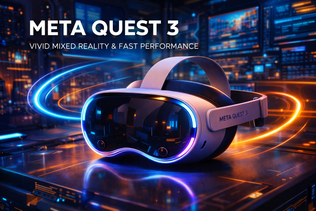 Meta Quest 3 in high-tech room showcasing vivid mixed reality and fast performance.