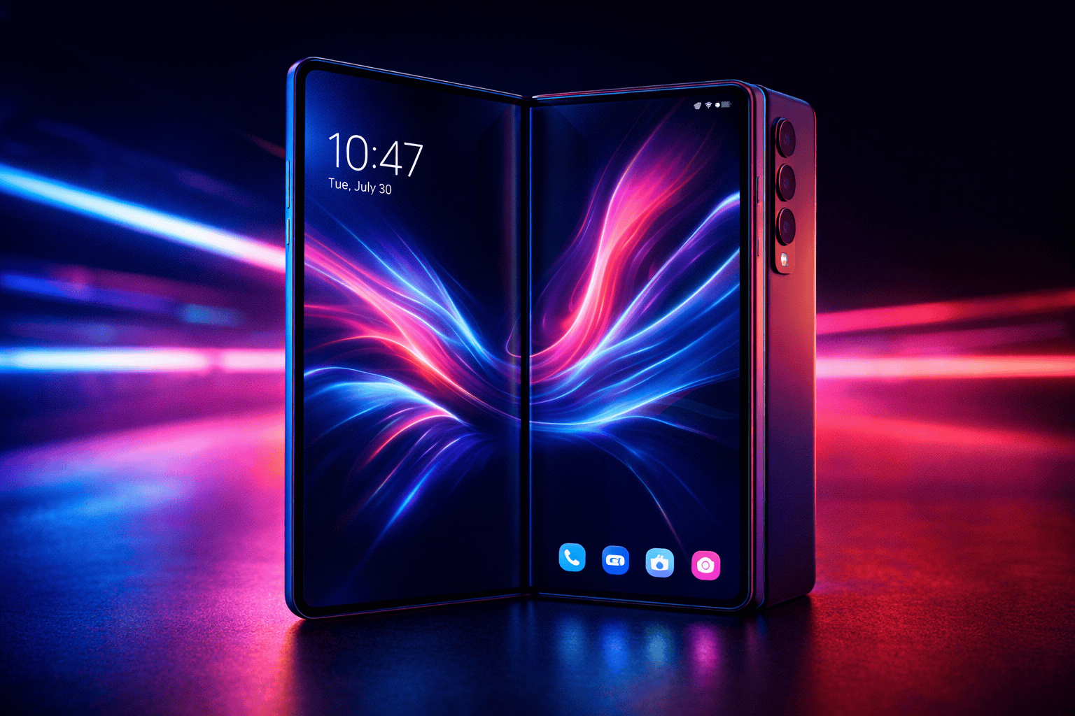 Samsung Galaxy Z Fold 6 unfolded in neon glow, futuristic power and elegance.