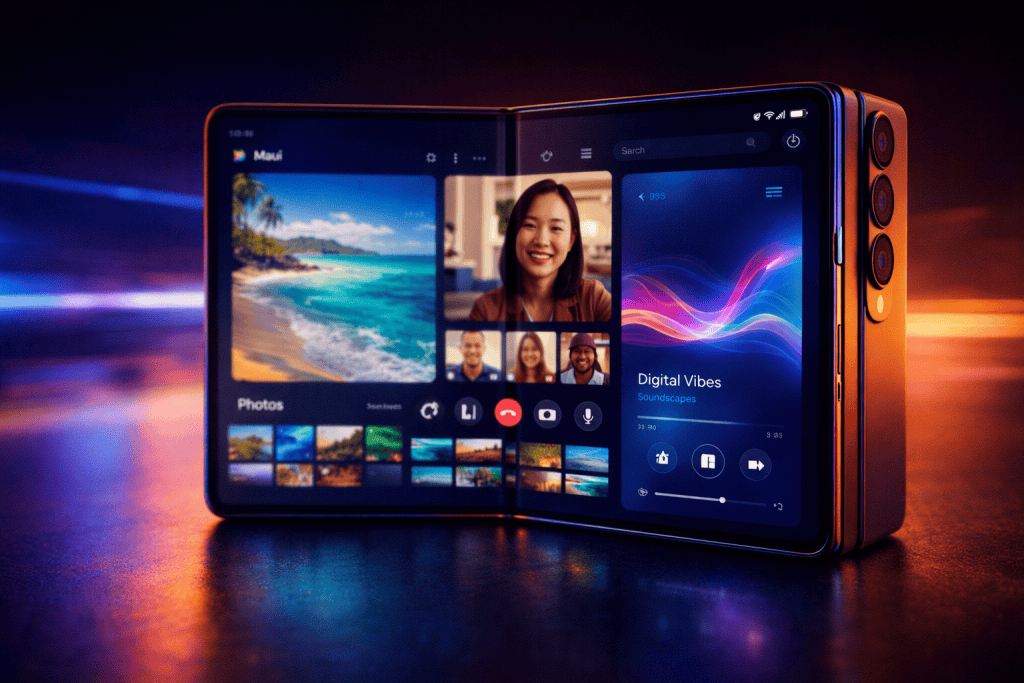 Slim foldable smartphone showcasing expansive display, premium hinge design, and vivid multitasking.