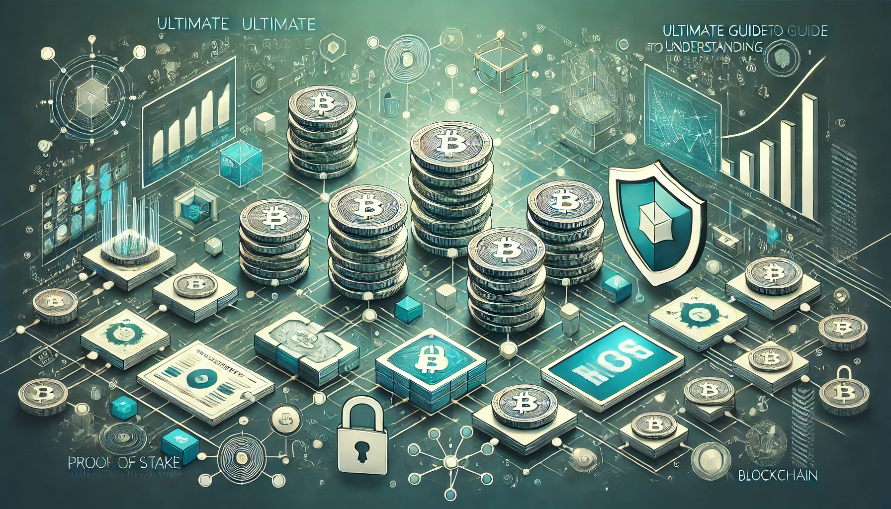 A visual depiction of Proof of Stake in blockchain, featuring icons of stacked coins, a shield for security, and connected blocks representing the blockchain, with a modern and abstract design in shades of green, blue, and white.