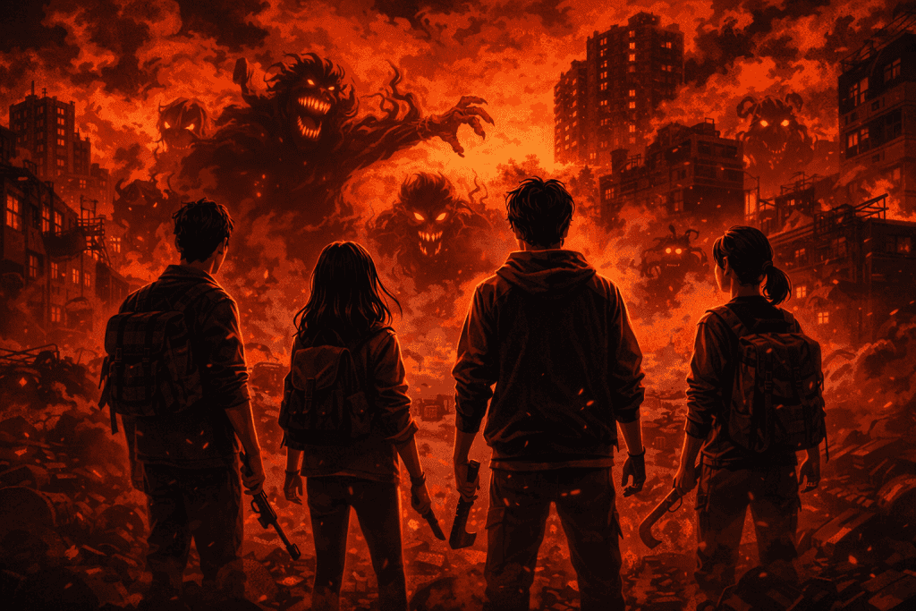 Apocalyptic survivors facing monstrous shadows in ruined city, beneath smoky crimson skies.