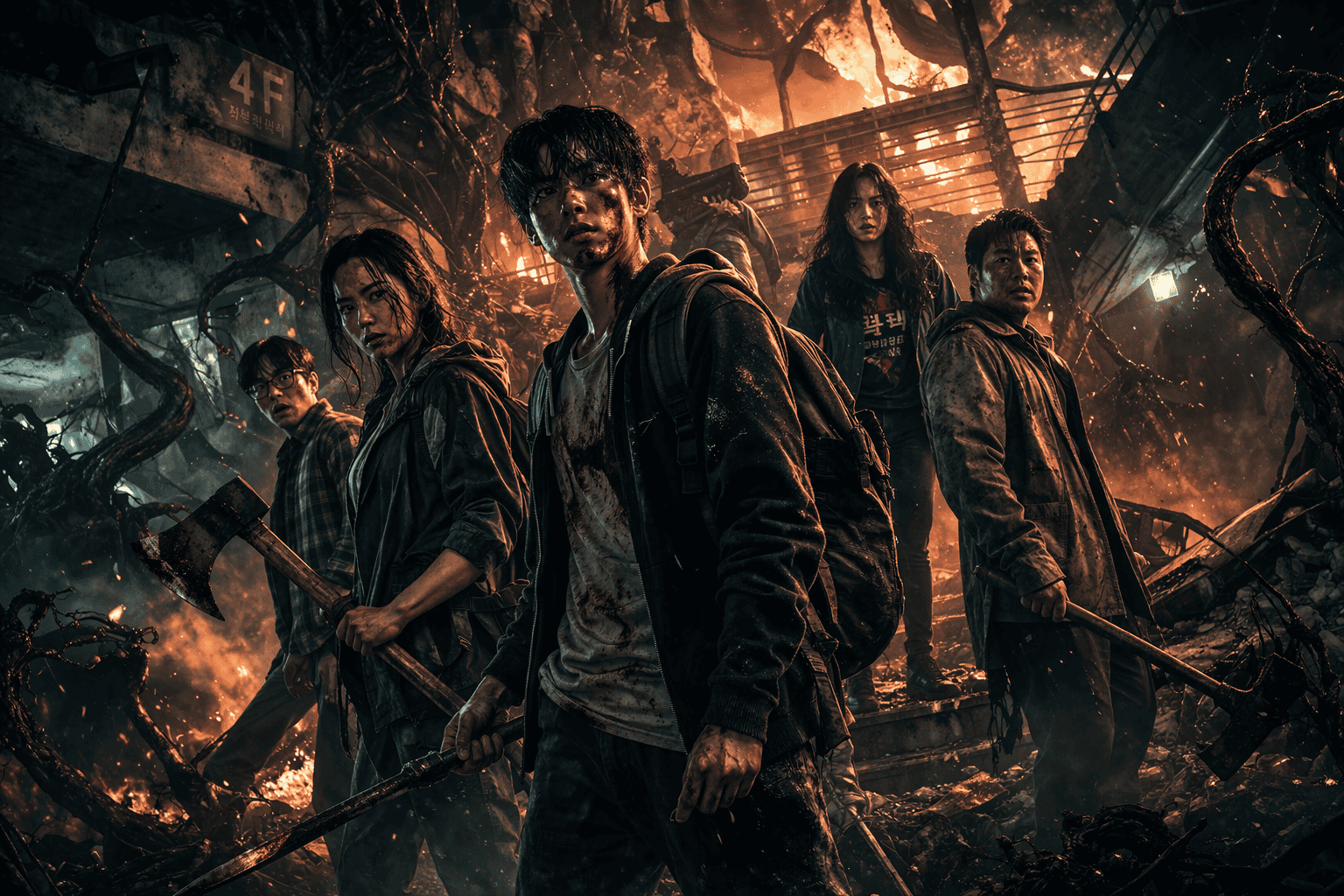 Battle-scarred group standing among wreckage, confronting fear, sacrifice, and desperate survival.