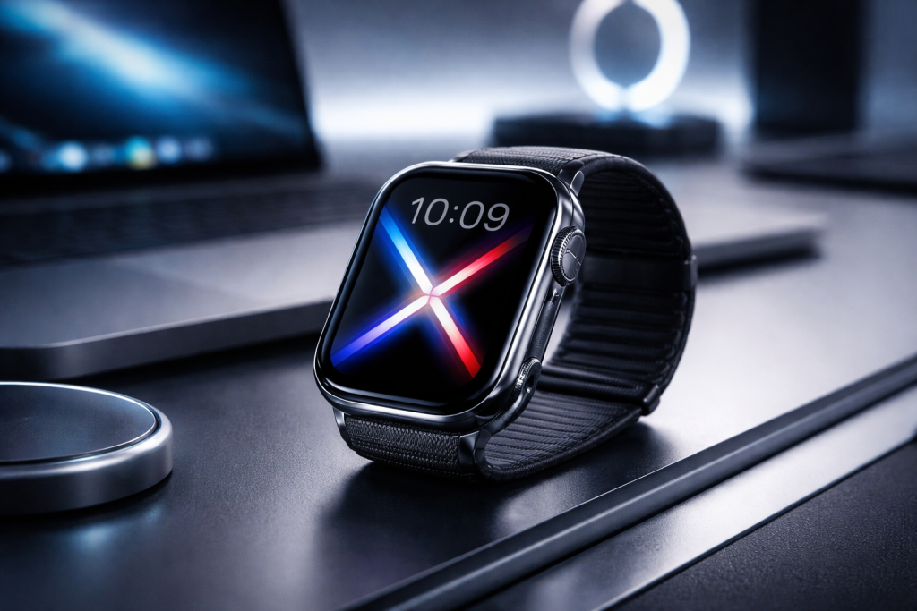 Futuristic Apple Watch X on minimalist desk, sleek design and glowing display.