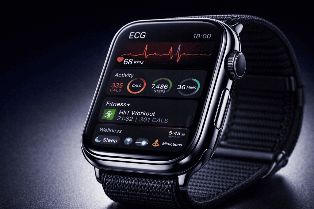 Smartwatch health dashboard showing ECG, fitness tracking, and advanced wellness features.