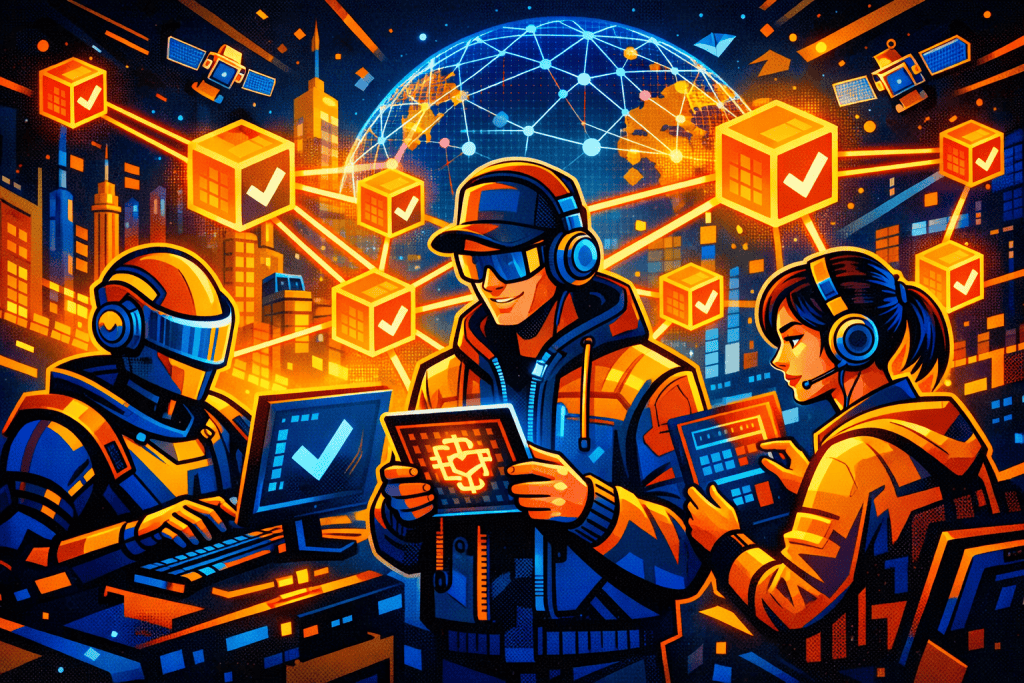 Validators confirming blocks across a decentralized network.