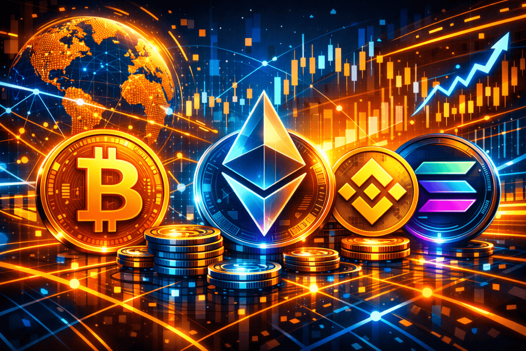 Futuristic collage of leading cryptocurrencies with glowing blockchain network and global finance backdrop.