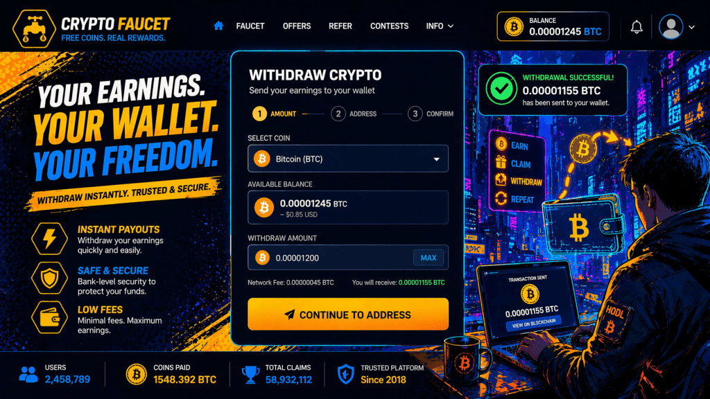 User withdrawing cryptocurrency earnings to a wallet