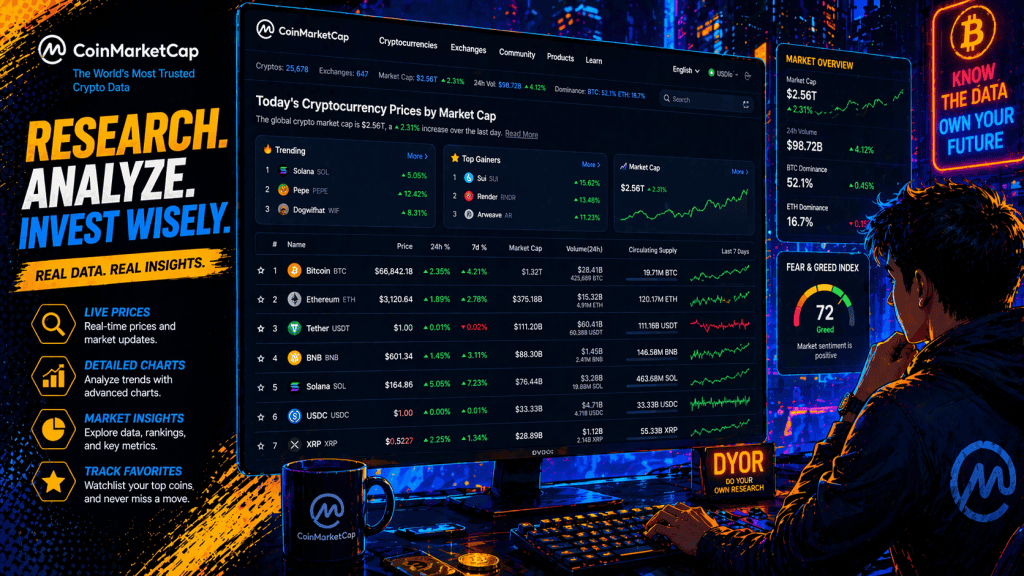 User researching different cryptocurrencies on CoinMarketCap