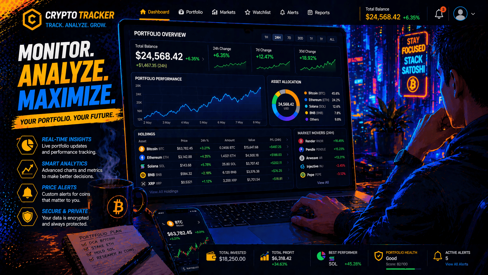 Monitoring cryptocurrency portfolio on a laptop