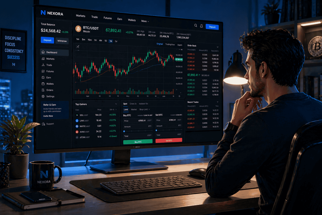 A person browsing a cryptocurrency exchange website on a high-resolution monitor, analyzing charts and market trends. Background shows a modern office with minimalist decor. Cool, soft lighting from a desk lamp, screen glow. Created Using: digital illustration, financial tech, vibrant colors, detailed interface, hd quality, modern workspace, high-resolution
