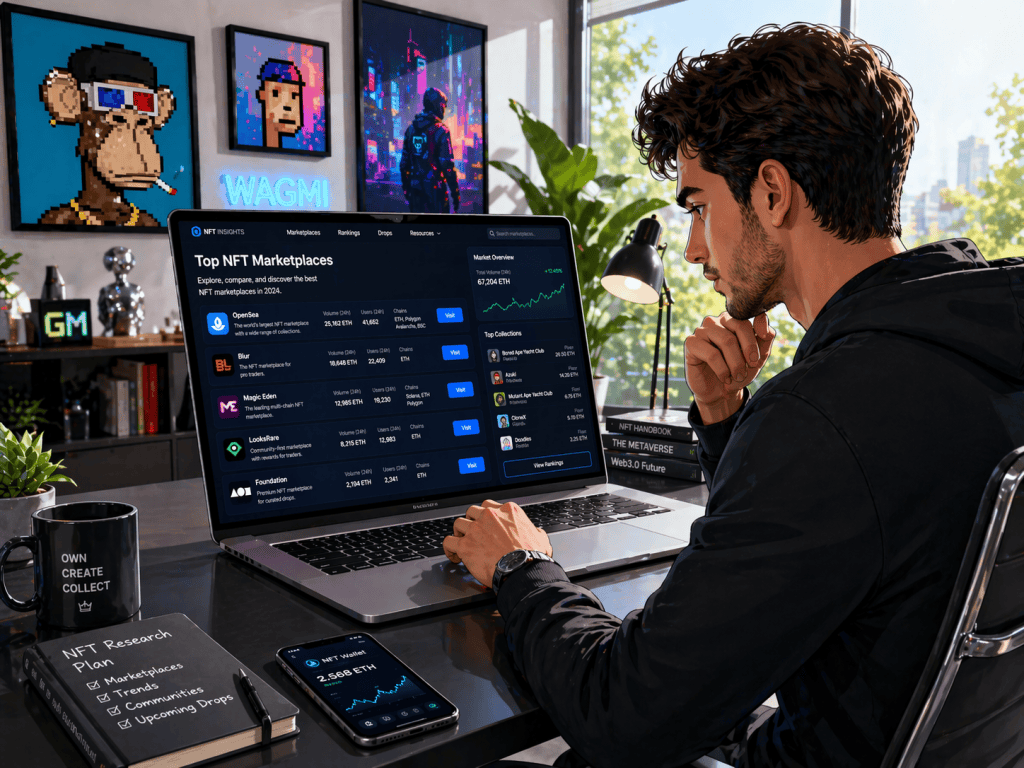 A person researching NFT marketplaces on their laptop, focused expression, sitting at a sleek, modern desk. Background shows a contemporary office with digital art on the walls. Bright, natural lighting from a large window, soft shadows. Created Using: digital illustration, tech research, vibrant colors, detailed textures, hd quality, modern workspace, high-resolution