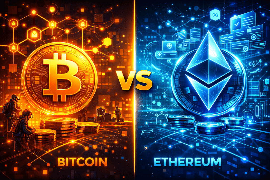 Bitcoin and Ethereum compared side by side with nodes, miners, smart contracts visuals.