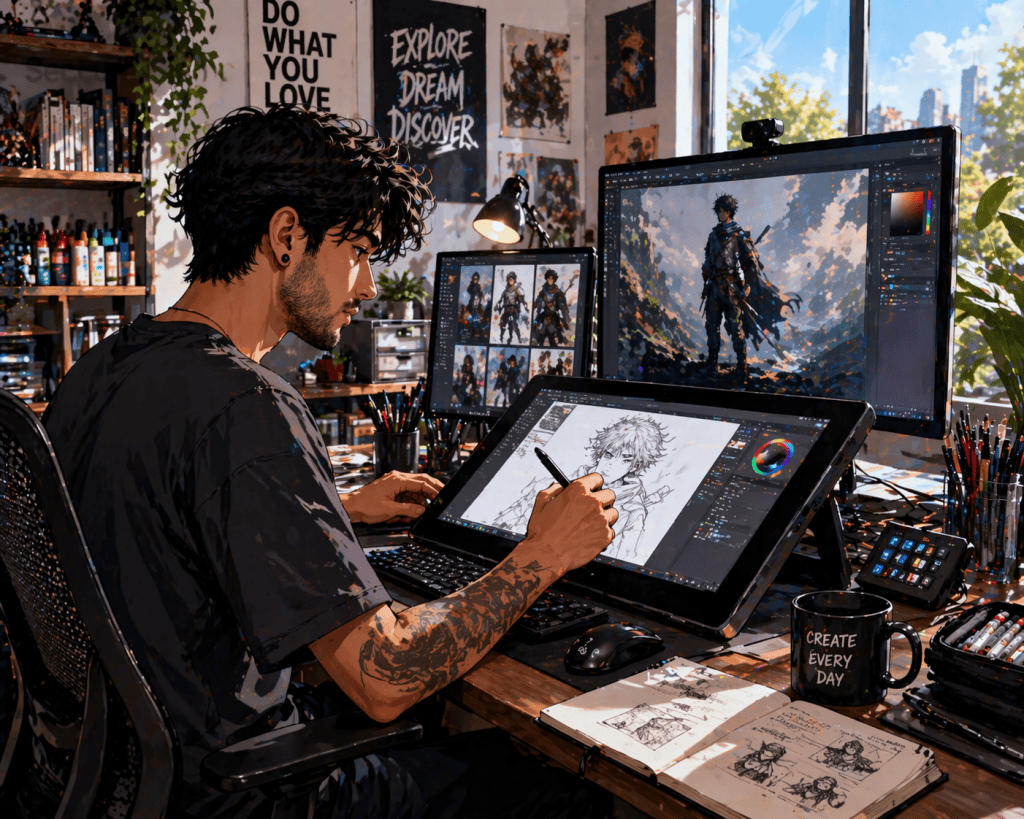 A digital artist sketching on a graphic tablet, focused expression, sitting in a modern studio with multiple screens displaying their work. Background shows shelves filled with art supplies and inspirational posters. Bright, natural lighting from large windows, soft shadows. Created Using: digital illustration, creative process, vibrant colors, detailed textures, hd quality, artistic workspace, high-resolution