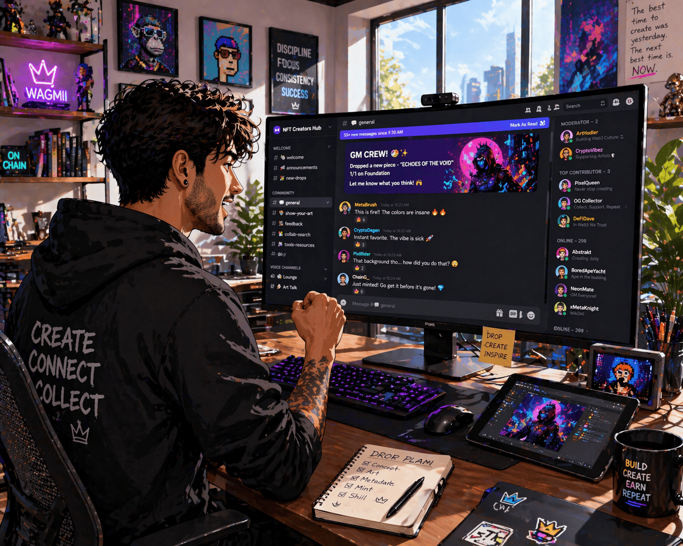 An NFT artist participating in a virtual community chat, excited expression, sitting at a modern desk with a computer screen showing a lively chat interface. Background shows a stylish studio with digital art on the walls. Bright, natural lighting from large windows, soft shadows. Created Using: digital illustration, tech aesthetic, vibrant colors, detailed textures, hd quality, artistic workspace, high-resolution