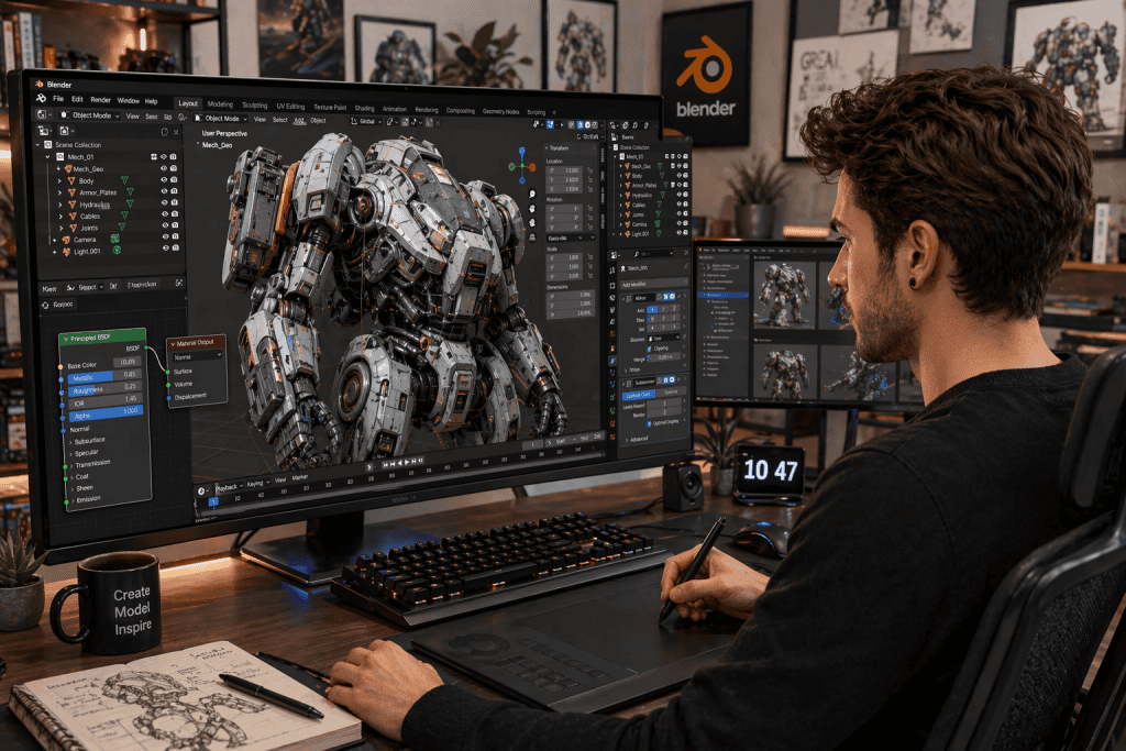 An artist using Blender, complex 3D model on screen, detailed interface with multiple panels, modern workspace background. Bright and even lighting, clear focus on screen details, subtle shadows. Created Using: Blender software, digital art tablet, high-resolution monitor, ergonomic setup, modern office, high-detail modeling, creative focus