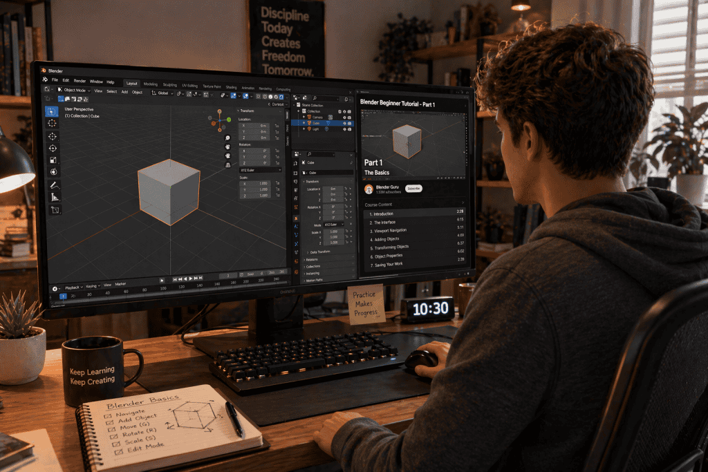 A beginner learning Blender, following an online tutorial, basic 3D shape on screen, cozy home office background. Soft lighting, focused shadows on the desk and computer. Created Using: Blender software, online tutorial video, ergonomic desk setup, comfortable chair, high-resolution monitor, natural lighting, warm ambiance 