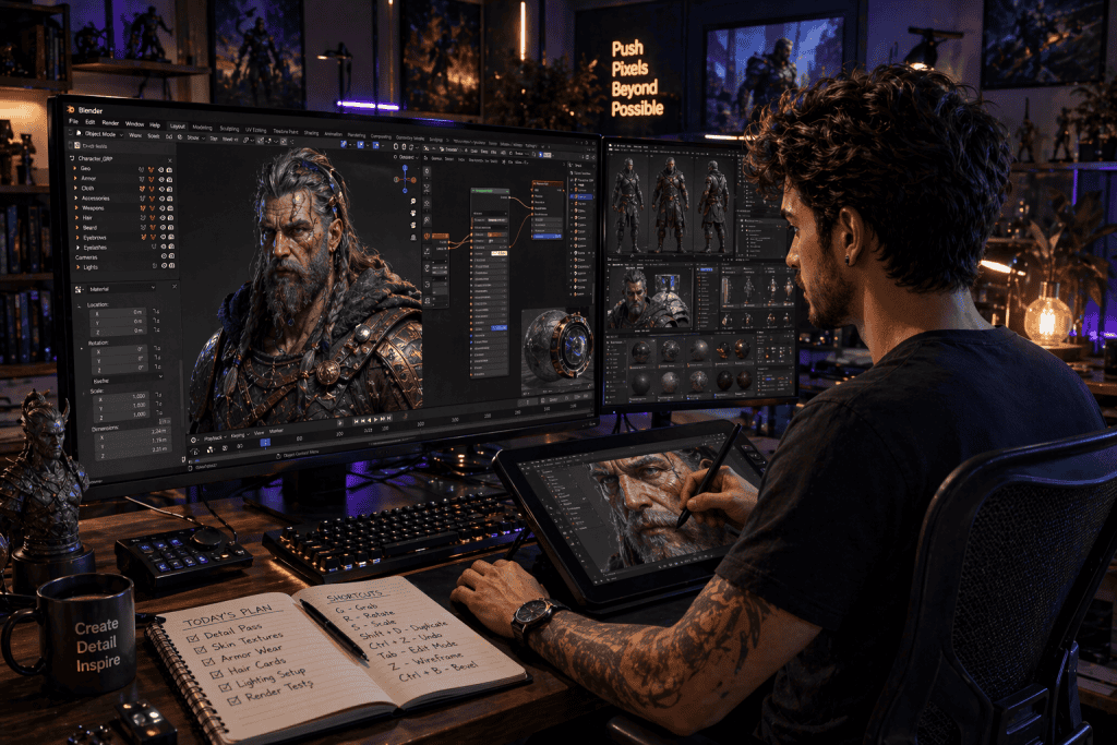 An experienced artist using Blender, working on a highly detailed character model with advanced textures, modern studio background. Complex lighting setup with multiple sources, detailed shadows and reflections. Created Using: Blender software, advanced texturing tools, high-end graphics tablet, dual monitors, professional studio, intricate modeling, high-resolution details