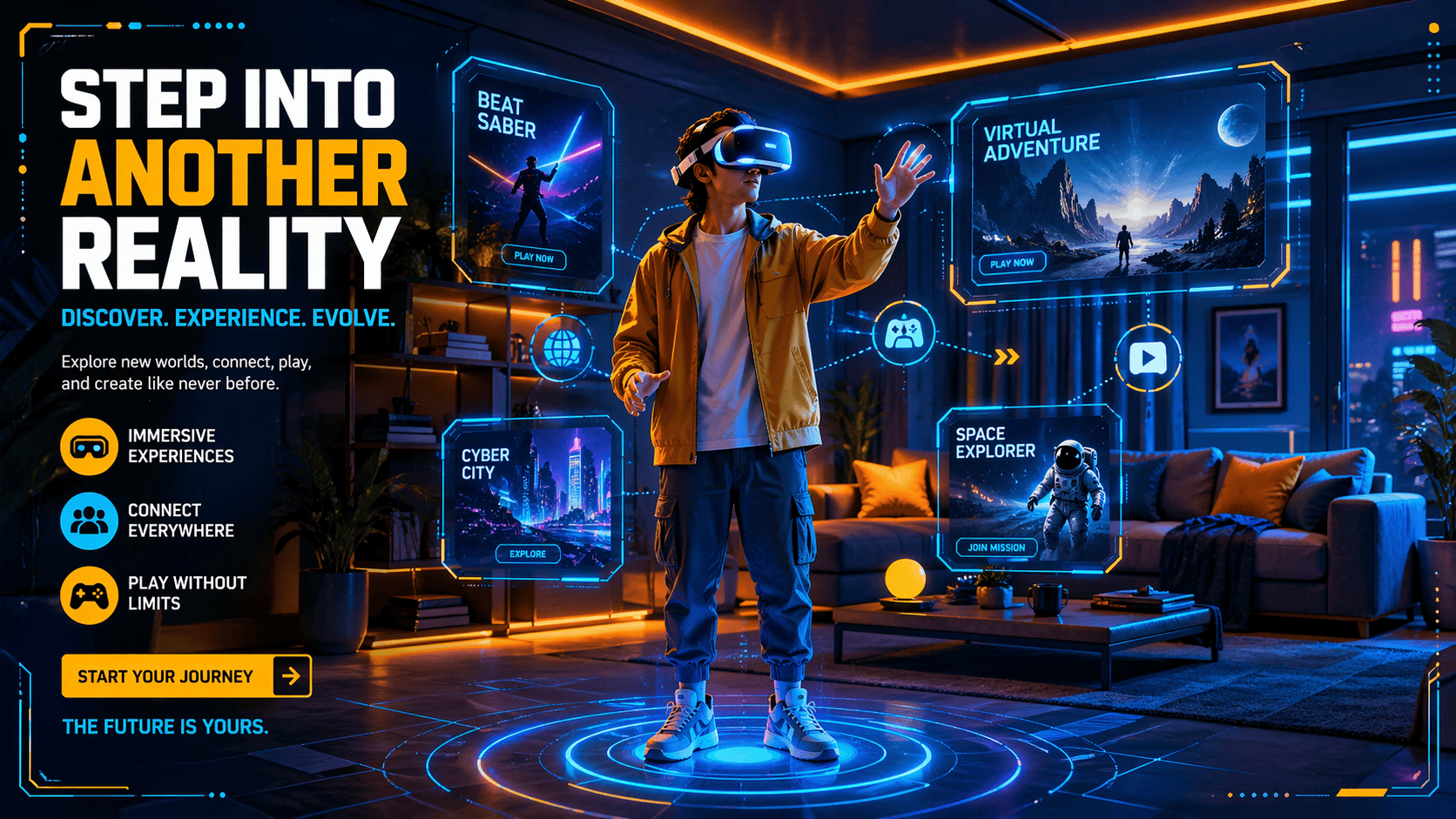 A person wearing VR glasses is standing in a modern living room, immersed in a virtual reality experience. Holographic elements and interactive icons are visible around them. The background features a sleek and contemporary design with a cozy atmosphere, including a sofa, a coffee table, and a few potted plants. The scene is vibrant and engaging, illustrating the excitement of using VR glasses.