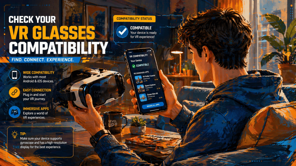 A detailed digital painting illustrating a person checking VR glasses compatibility with a smartphone while sitting on a modern couch. The person holds VR glasses in one hand and a smartphone in the other, with VR apps displayed on the phone screen. The scene features warm lighting, realistic textures, and a tech-savvy atmosphere, with vibrant colors, soft brush strokes, and natural light effects enhancing the modern interior design.