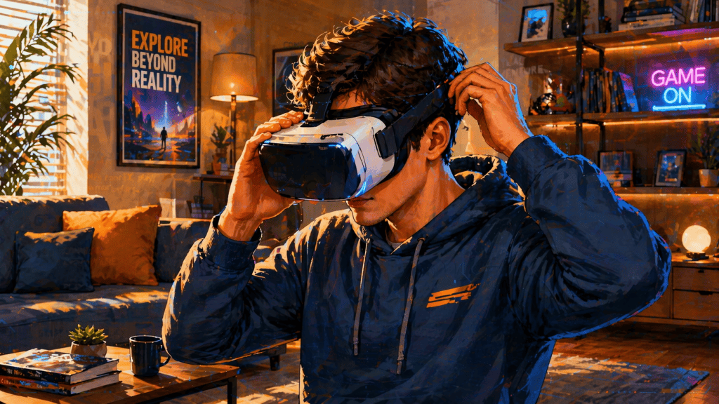 A detailed illustration of a person adjusting the straps of VR glasses in a modern living room. The setting features a cozy ambiance with warm lighting and realistic textures. The room is decorated with comfortable furniture and decorative items, all rendered in vibrant colors with soft brush strokes. Natural light effects enhance the scene, showcasing the person with realistic proportions, immersed in adjusting their VR headset.