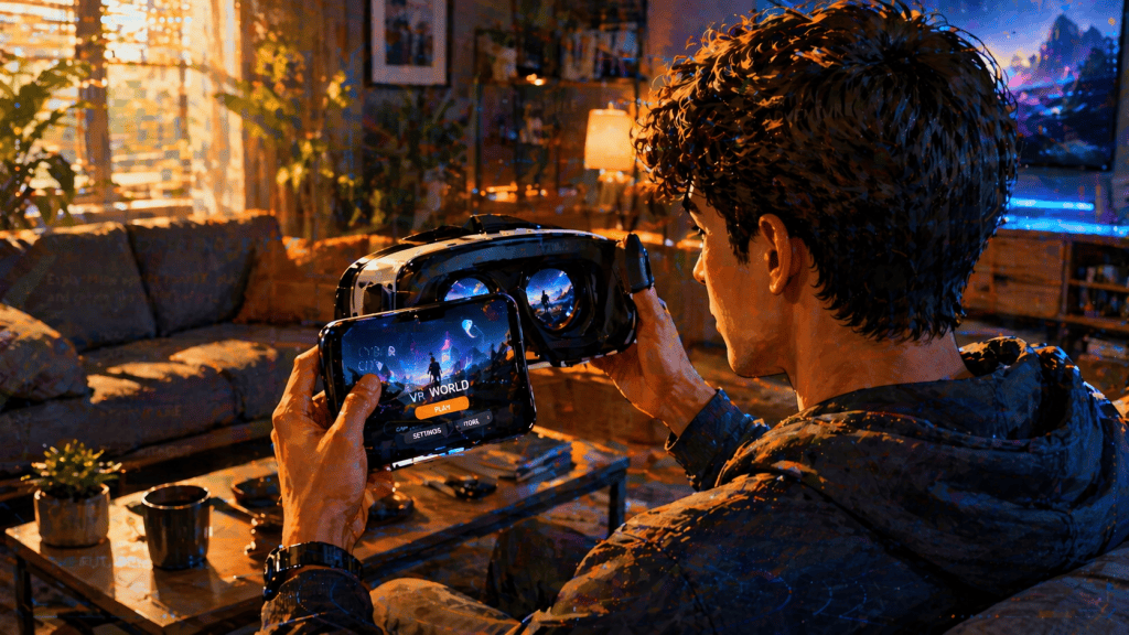 A person opening a VR app on their smartphone, aligning the screen with the headset's lenses, seated in a modern living room. The room features warm lighting, realistic textures, and a tech-savvy atmosphere with modern interior design. Natural light effects enhance the vibrant colors and soft brush strokes of the digital painting. The person is realistically proportioned, engaging with the interactive technology.