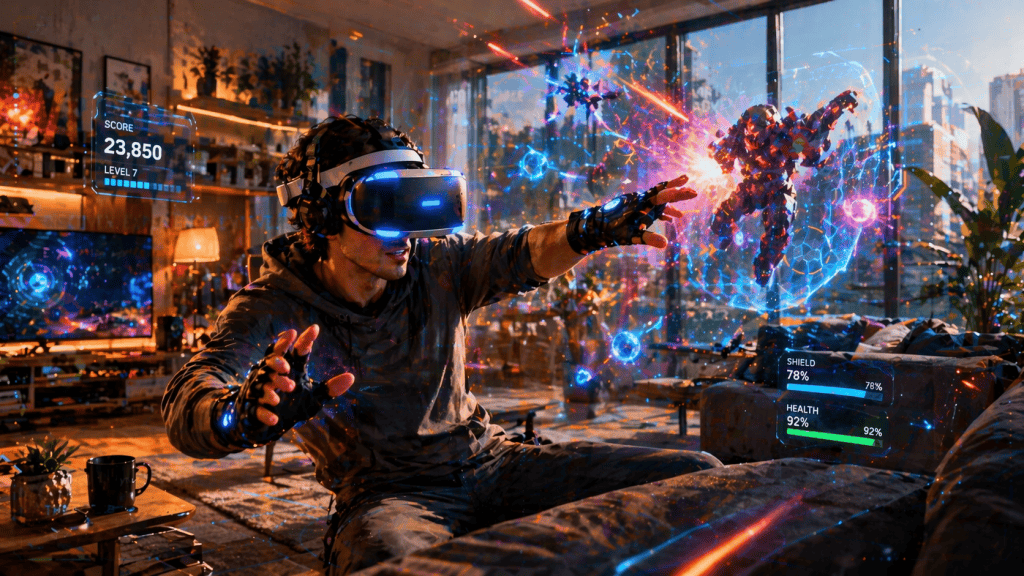 A person is fully immersed in a VR game, seated in a modern living room with sleek furniture and large windows letting in natural light. The individual is wearing a VR headset and gloves, dynamically engaging with colorful virtual elements. The scene features warm lighting, realistic textures, and various tech gadgets, creating a tech-savvy atmosphere. The image is a high-resolution digital painting with vibrant colors and soft brush strokes.