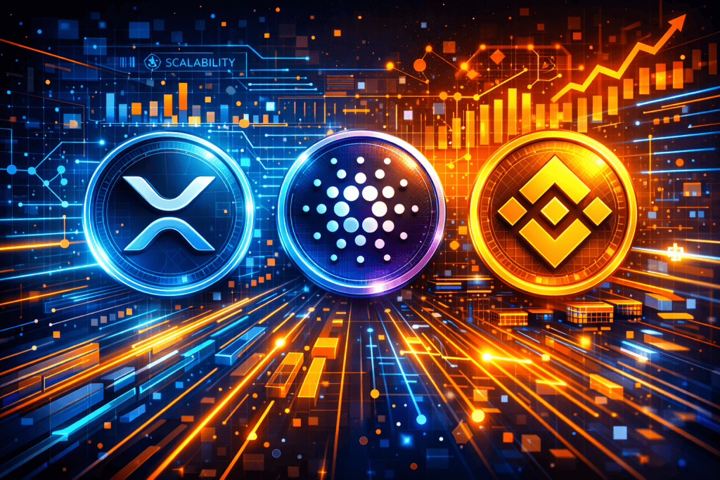 Ripple, Cardano, and Binance Coin icons over fast transactions and scalability dashboard.