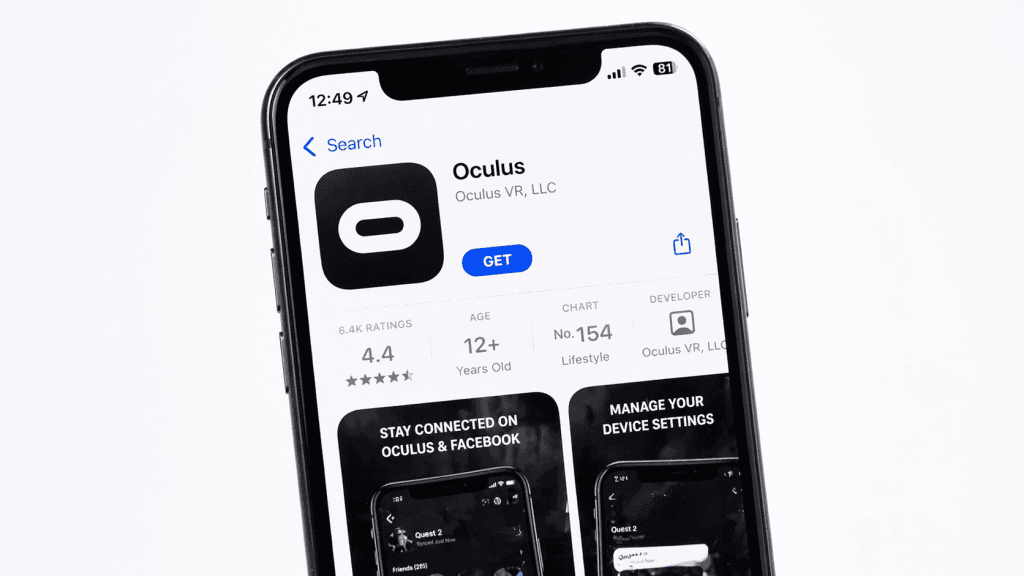 A high-resolution photograph of a mobile device with the app store open, highlighting the Oculus app ready to be downloaded, crisp and clear display, modern smartphone, bright lighting, clean white background, hd quality, focused on the screen, minimalistic style