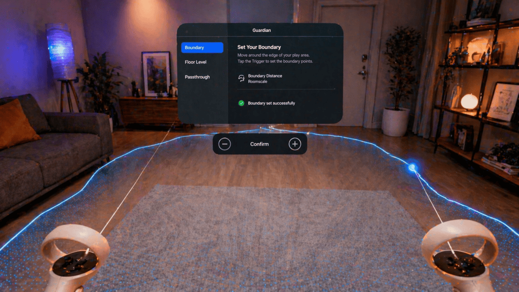 A detailed image showing the Guardian system interface inside the Oculus Quest 2, user’s perspective, holographic boundary lines being drawn, modern room with clear space, soft ambient lighting, hd quality, vivid colors, focused on the virtual boundary setup