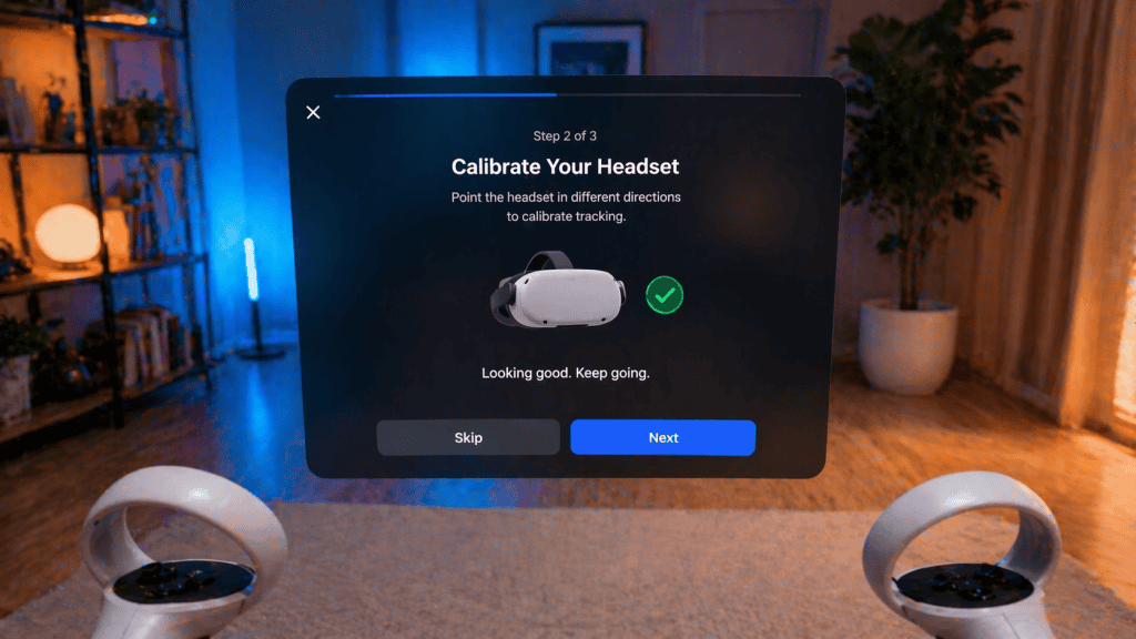 A close-up view of the Oculus Quest 2 being calibrated, showing the calibration interface, clear and intuitive design, bright lighting, modern room background, hd quality, sharp focus on the calibration screen, realistic details