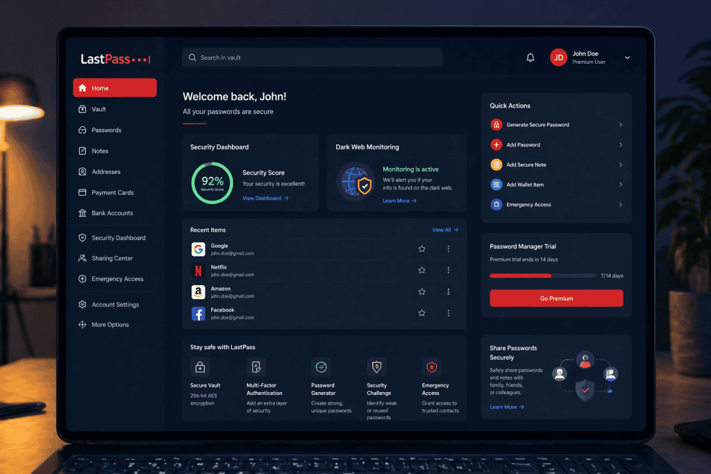 A sleek and modern user interface of LastPass, vibrant colors, intuitive layout, easy-to-use navigation, icons for security features. 