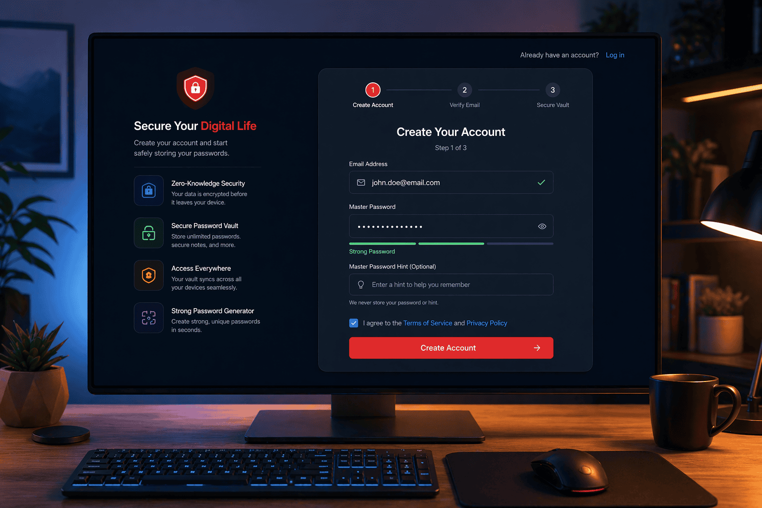 A user opening LastPass on a desktop, creating an account by entering an email and a master password.