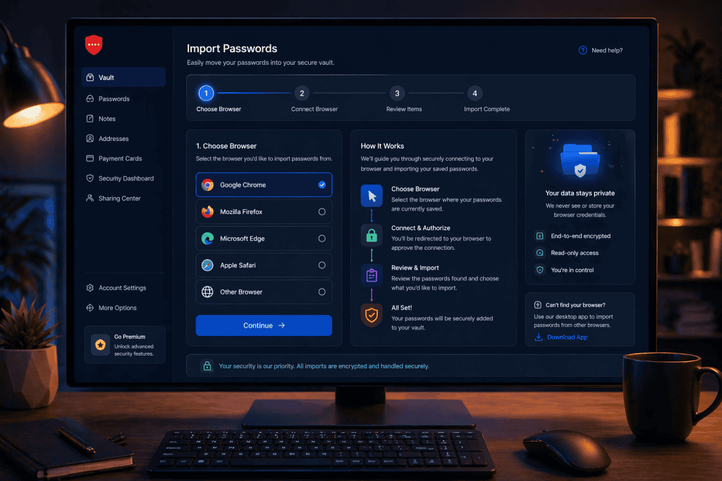 A user importing passwords into LastPass from a browser, step-by-step instructions on the screen, seamless integration. 