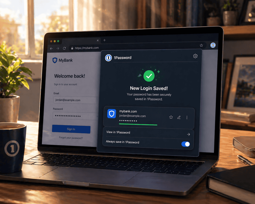 A user successfully saving a new password in 1Password after logging into a site, confirmation screen displayed.