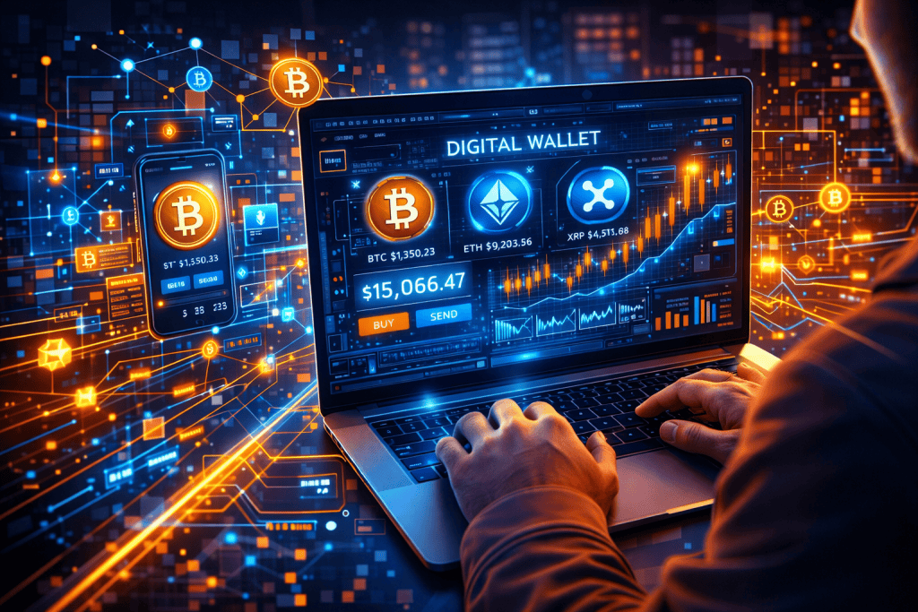 User exploring popular cryptocurrencies apps on laptop with digital wallet, charts, and blockchain connections.