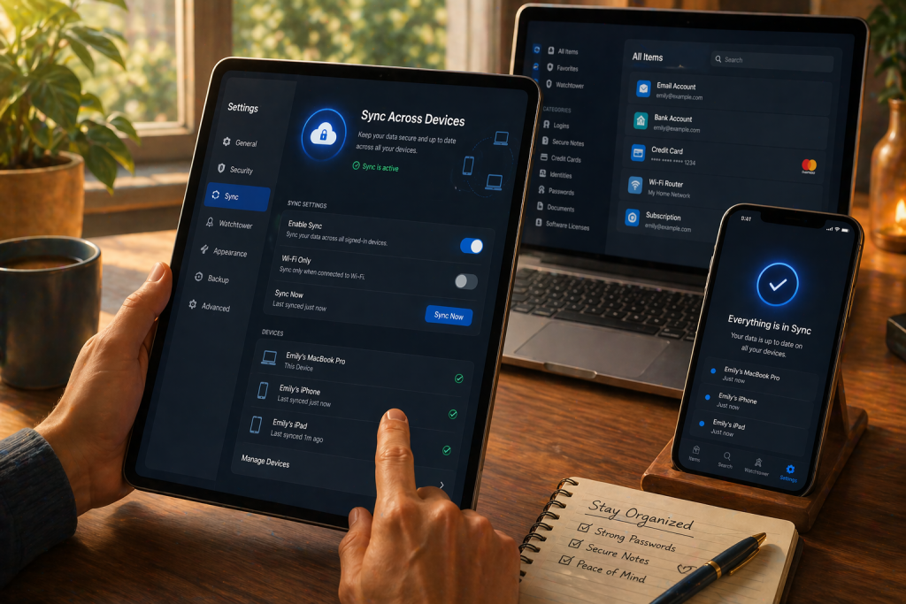 A person setting up 1Password to sync across devices, showing sync settings on a tablet.