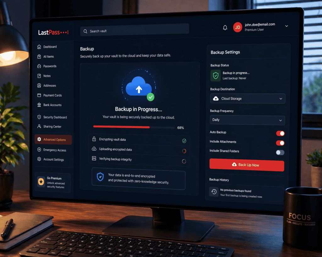  A user backing up their password database to cloud storage using LastPass, showing the backup settings on the screen.