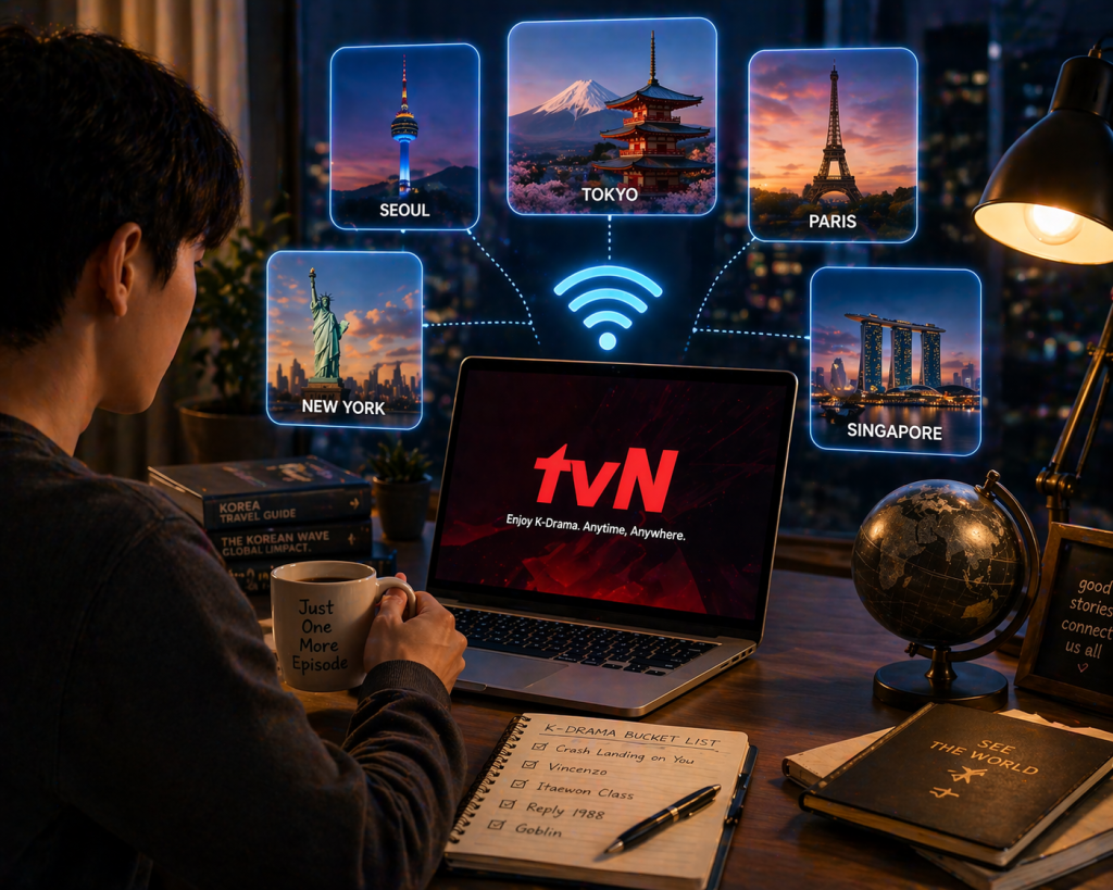 Person at desk with tvN logo laptop, landmarks, globe, and Wi-Fi icon.