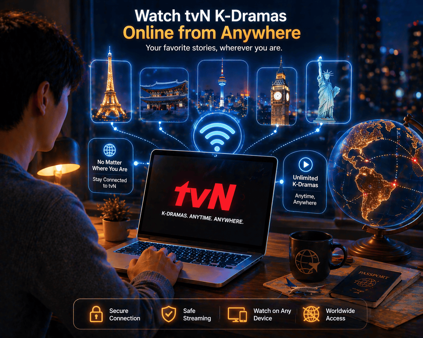 Person at desk using a laptop with the tvN logo, surrounded by world landmarks, a globe, and a Wi-Fi icon, illustrating how to watch tvN K-dramas online from abroad.