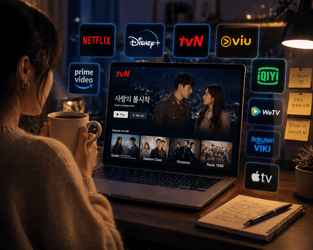 Person streaming tvN K-drama on laptop, surrounded by streaming platform icons.