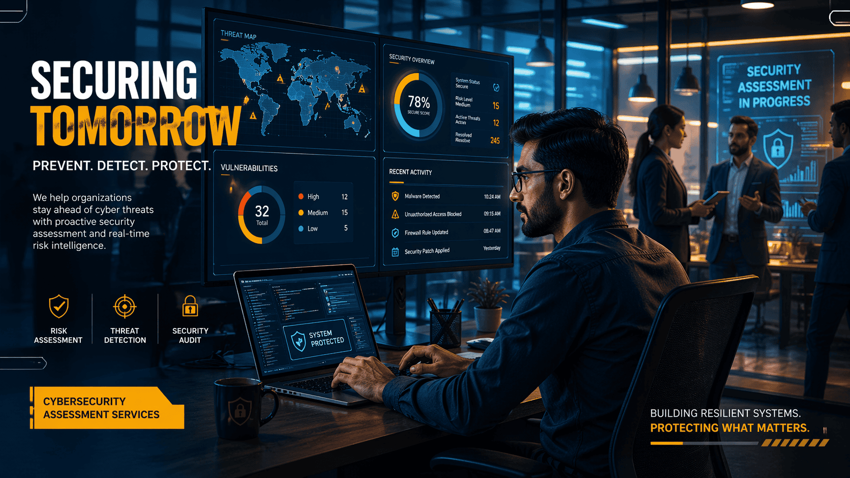 A detailed digital illustration of a cybersecurity specialist conducting an assessment in a corporate office. The specialist has a focused expression and is surrounded by multiple screens displaying security data. In the background, colleagues are discussing findings. The scene features soft, professional lighting, a realistic depiction, and a clean, high-resolution design, capturing a corporate atmosphere.