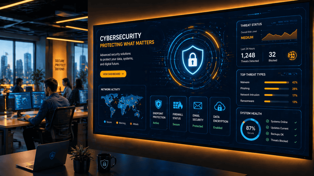 An office setting with employees working at their desks in the background. In the foreground, there is a large screen displaying cybersecurity symbols and user interface elements such as locks, shields, and network diagrams. The screen features a sleek, modern design with vibrant colors, blending the everyday office environment with advanced cybersecurity technology.