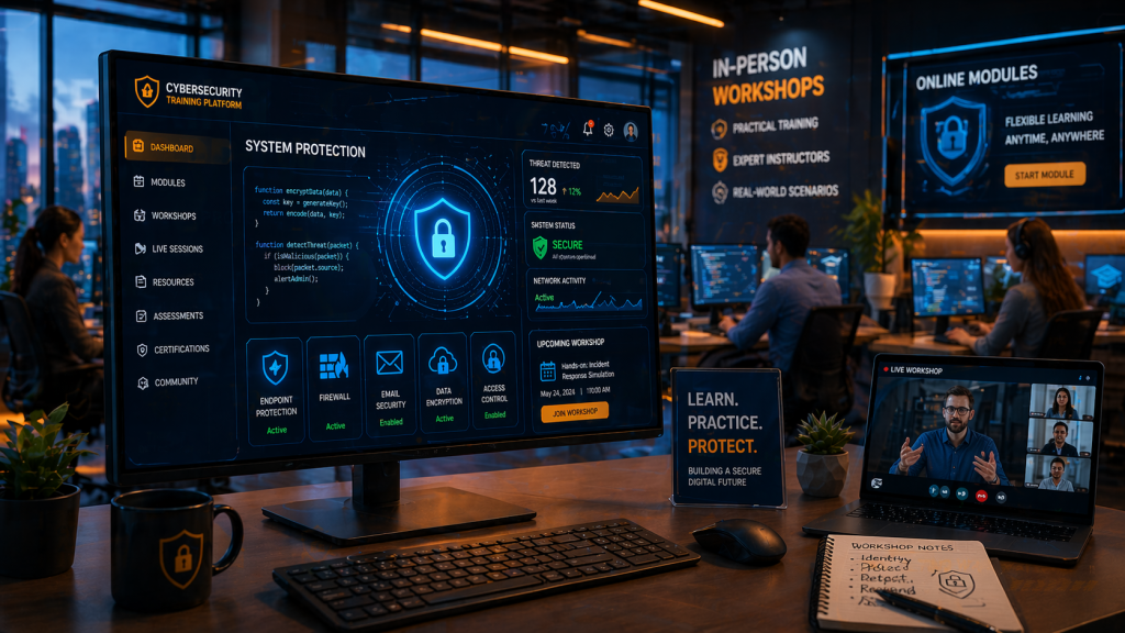 A computer screen displaying cybersecurity symbols and UI elements, including icons of locks, shields, and coding lines, in a modern office environment. 