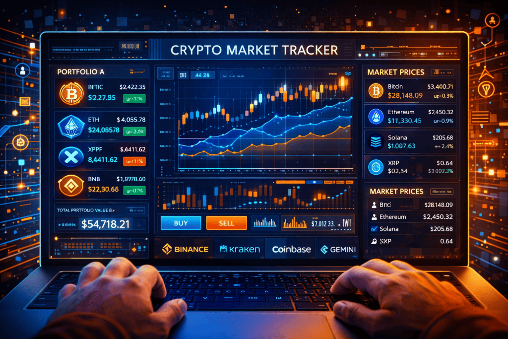 Modern top crypto market trackers dashboard comparing portfolios, prices, charts, and exchange integrations.