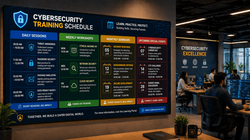 A colorful and well-organized training schedule board mounted on a wall in a modern office setting. The board features various sections like 'Daily Sessions,' 'Weekly Workshops,' and 'Monthly Seminars,' each color-coded in blue, green, yellow, and red. It includes session titles, timings, and brief descriptions.